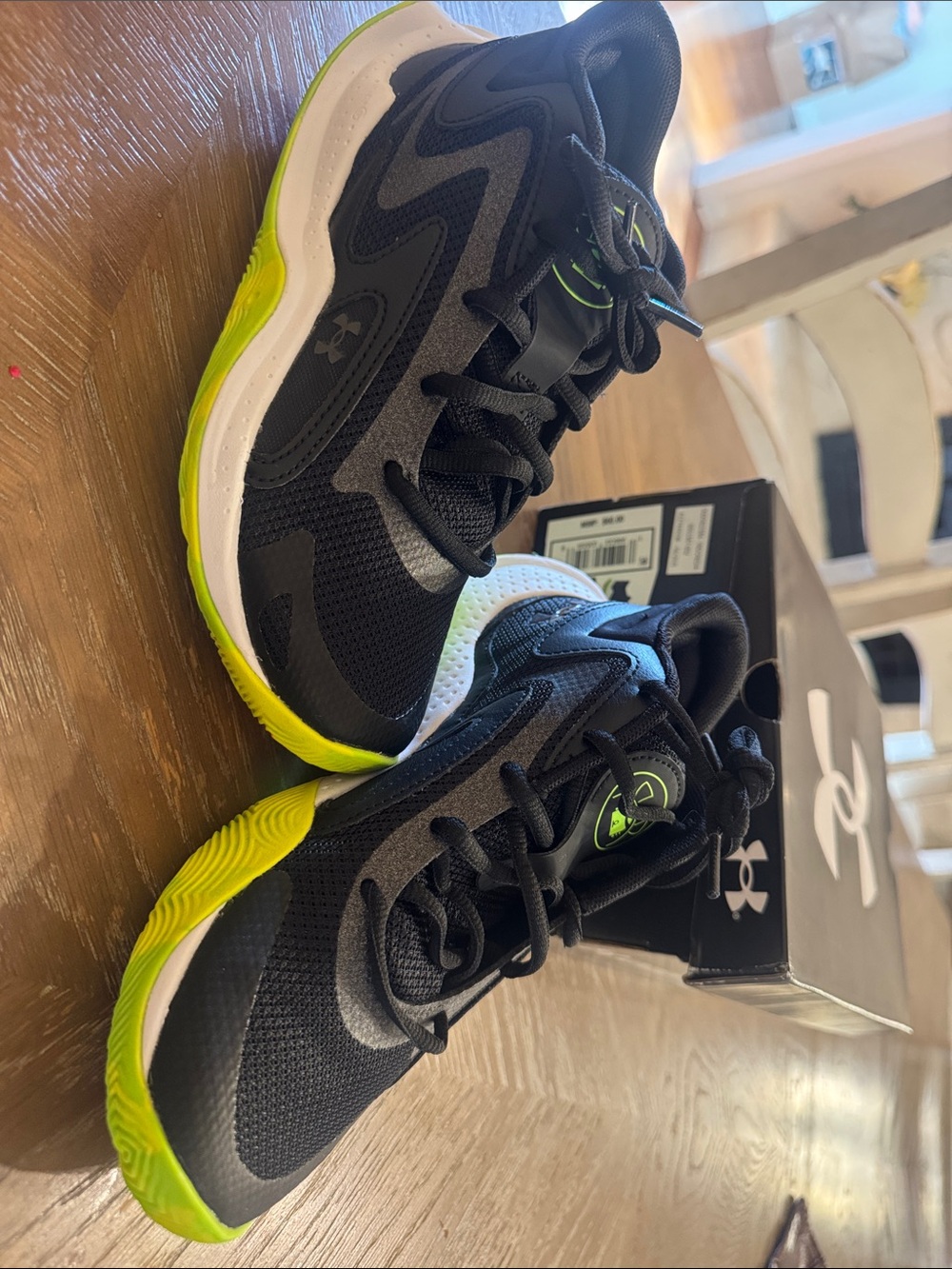 Under Armour Black and Neon Green Kids' Athletic Sneakers